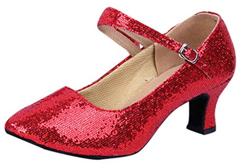 Mary Jane Shoes for Women Heels Glitter Dance Shoes for Women Closed Toe Sandals Latin Tango Salsa Footwear for Party Ballroom Prom Shoe Low Block Heeled Sandal Sparkling Glitter Court Shoes Red
