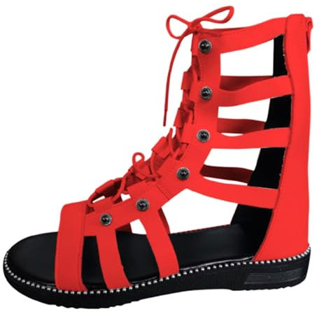 Sandals Women's Gladiator Shoes Peep Toe Strappy Sandals Summer Roman Sandals Elegant Lace Up Vintage Knee-High Beach Shoes Knee High Boots Leisure Sandals Beach Sandals, red, 7 UK