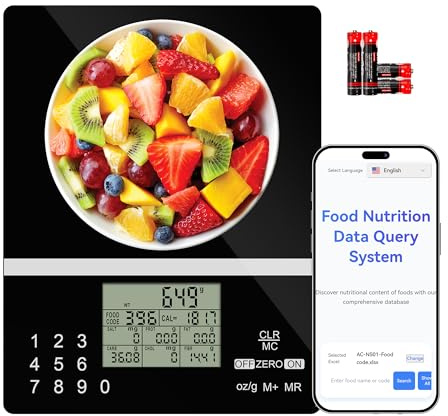 ACCT Báscula inteligente de nutrición de 5000 g, báscula de cocina con código de alimentos, báscula de alimentos para preparación de comidas, control de porciones, hornear, pérdida de peso, 4 unidades