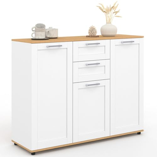 IDMarket - Credenza VITO 100 cm con 3 ante e 2 cassetti bianchi e piano in legno