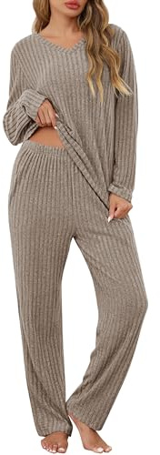 Lovasy Womens Pyjamas Set Ladies Ribbed Pjs 2 Piece Pajamas Long Sleeve Top and Wide Leg Trousers Loungewear Sets