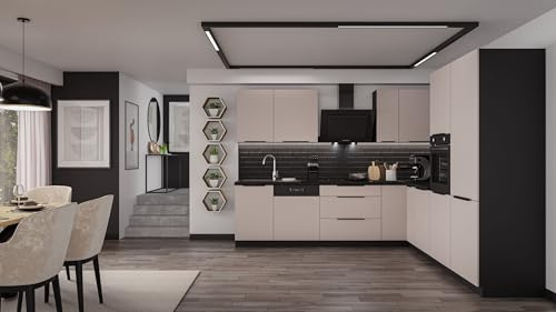 Kuechen-preisbombe Winkelküche Arona 280x270 cm Küchenzeile Eckküche Küche Kaschmir beige + Schwarz