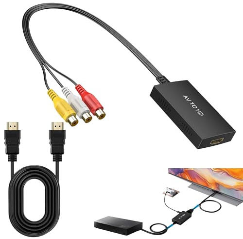 Ailah Convertidor RCA a HDMI 1080P con Cable AV Integrado, Adaptador AV a HDMI con Alimentación USB, Entrada RCA/AV视频 a Salida HDMI, No Compatible con HDMI a RCA, para VHS, DVD y Consolas Retro