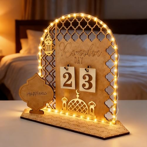 Ramadan kalender av trä med LED – mångsidig ramadan-dekoration för barn och familjer, gör-det-själv nedräkning, lämplig för vardagsrum och bord, islam dekoration som Eid Mubarak-dekoration & present