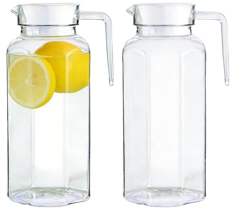 LEKEFETO 2 pezzi Caraffa per acqua trasparente con coperchio: caraffa per succo trasparente da 1,5 litri con coperchio, bottiglia d'acqua in acrilico, decanter per tè in plastica con manico