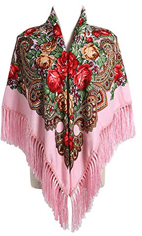 Gudessly, Bufanda tradicional para mujer, con borlas y flecos, chal retro con estampado floral, poncho con cuello y cabeza, Rosado, Talla única
