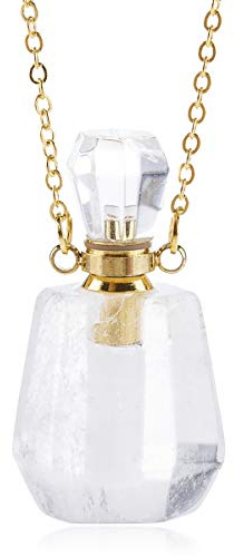 Gemstone Crystal Perfume Bottle Diffuser Necklace - Aromatherapy Essential Oil Travel Locket Pendant Charm Fragrance Carrier Flask Chain (Quartz Bottle - Simple White)
