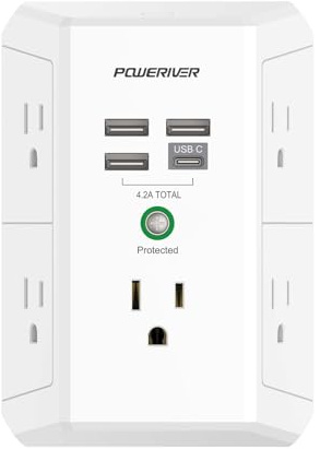 USB Wall Charger, POWERIVER Multi Outlet Extender Surge Protector with 4 USB Ports, 1680J Wall Outlet Adapter Spaced for Home School Office, ETL Listed, White