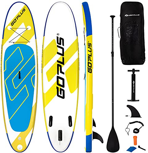 COSTWAY 10FT/11FT Inflatable Stand Up Paddle Board, 6 Thick SUP Boards with Adjustable Aluminium Paddle, Hand Pump, Removable Fin, Leash and Backpack for All Skill Levels (335x76x15CM, Yellow+Blue)