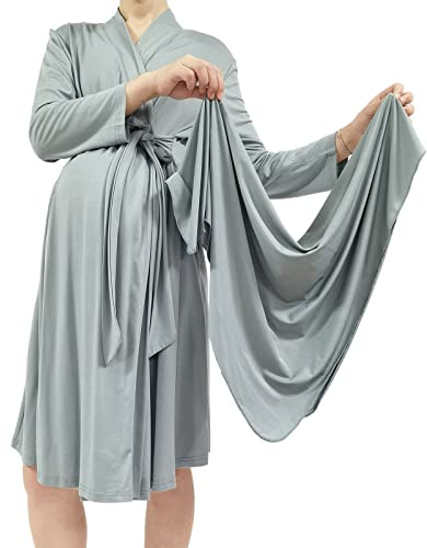 QTECLOR Mommy Robe for Maternity with Matching Swaddle Blanket Girls Boys, Delivery Labor Robe for Hospital Women Dress, A32 Robe+swaddle+headband+hat, Medium