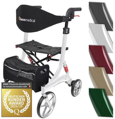Leichtgewicht-Rollator Spring - Gehhilfe mit Komfort-Federung - höhenverstellbar & faltbar - inklusive Netztasche & Rückengurt - bequeme Sitzfläche - zusammenklappbar - Modell M Polarweiß