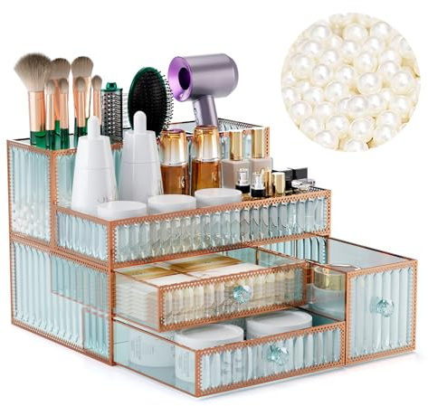 Youdepot Makeup Organizer Countertop - Tempered Glass Vanity Organizer for Cosmetics, Skincare, Hair Tools, Brushes, Perfume - Multipurpose Bathroom Counter Skincare Organizer