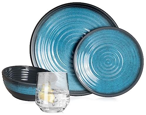 Vaisselle de camping en mélamine pour 4 personnes - Bleu pierre + 4 verres Milano - Verres à eau - Vaisselle de table - Pour pique-nique et barbecue