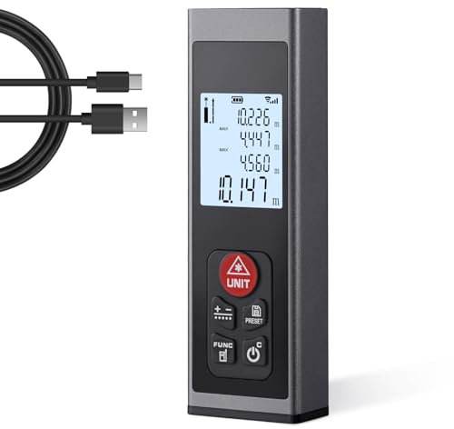 Hychika Laser Measure, Laser Distance Measure Rechargeable 40M Laser Rangefinder With LCD Backlit M/In/Ft Multiple Measurement Modes Pythagoras Distance Area Volume Measurements