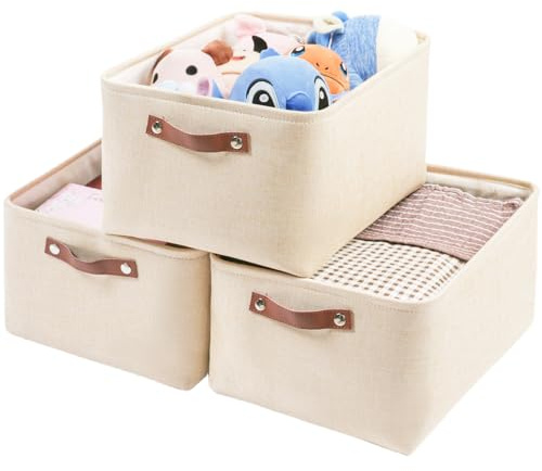 Mangata Fabric Storage Boxes, Thickened Canvas Storage Baskets with Handle for Shelves, Clothes Toys(M, Khaki, without Drawstring,3 Pcs)