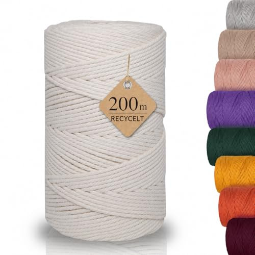 Nachhaltiges Makramee Garn 3mm x 200m – Häkelgarn für Taschen (natur)