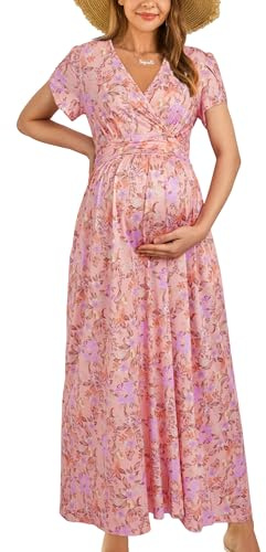 OUGES moderskap maxiklänning omlott v-ringad baby shower graviditetsklänningar för fotografering, Blommig-17, L