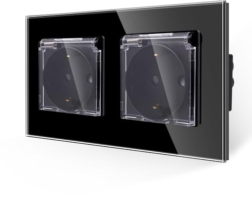 JIMEIDA 2-Steckdose Schwarz 16Amp Glas Steckdose mit Wasserdichtem Deckel 157 * 86mm,250V,2 Fach