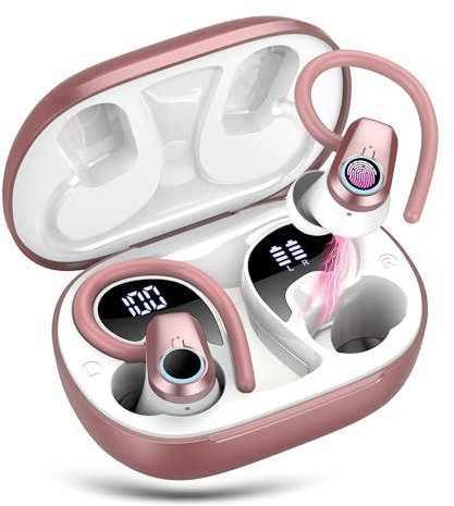 Wireless Earbuds, 2023 Wireless Earphones Bluetooth 5.3 Headphones Wireless, Ear Buds Wireless Earbuds with Earhooks, IP7 Waterproof 50H Stereo Wireless Headphones Sport, Dual LED Display, Rose Gold