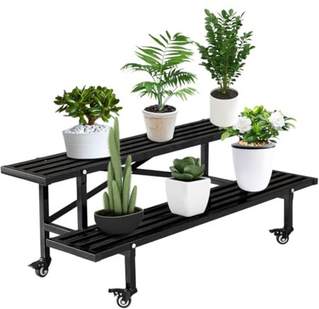 CStern Scaffale per fiori con ruote, in metallo, 2 ripiani, colore nero, per piante, per interni ed esterni, balcone
