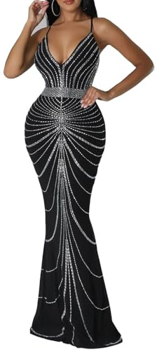 ieron Vestido de malla transparente con diamantes de imitación para mujer, vestido de noche elegante con purpurina para fiestas y días especiales, Vestido lencero, M, M