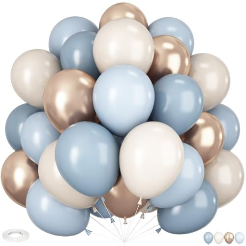 HILAVO Dusty Blue and Gold Balloons, 60 PCS 12 Inch Slate Fog Pastel Baby Blue Sand White and Gold Balloons for Baby Boy Shower Bridal Shower Birthday Wedding Party Decorations