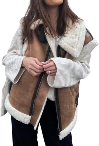 Chaqueta de Chaleco de Cuero Sherpa de Gamuza cálida de Invierno para Mujer Abrigo de Piel de Lana de Cordero sin Mangas con Cremallera con Bolsillos (Marrón,L)