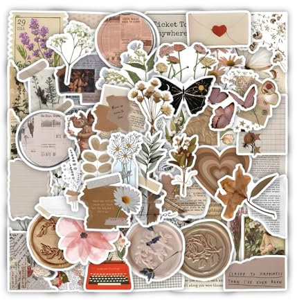 Vintage Bookish Sticker Set – 60 Stück wasserfeste Aufkleber für Kindle & Laptop, ästhetische Buchaufkleber für Buchliebhaber, Teenager & Scrapbooking (Braun-C)