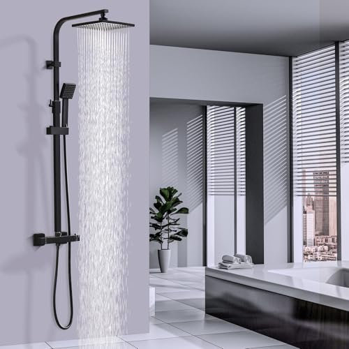 HOMELODY Duschsystem mit Thermostat Schwarz, Duscharmatur Komplettset Regendusche mit Armatur inkl. ABS Handbrause, Regendusche, Verstellbarer Duschstange