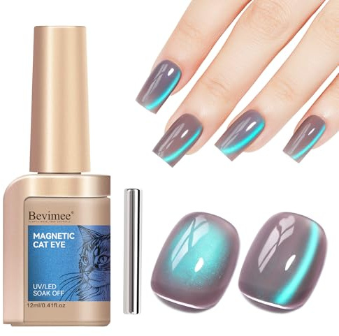 Bevimee Cat Eye Gel Polish, Glass Blue Glitter Cateye Magnetic Nail Polish Magic Holographic Effect, UV Gel Sparkle Crystal Jelly Color Manicure for Nail Salon DIY At Home