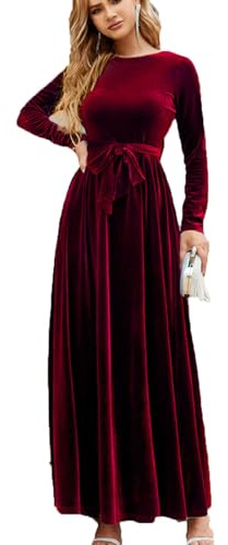 Abito Lungo Elegante in Velluto da Donna, Scollo Rotondo, Maniche Lunghe, Vita Alta, con Cintura, Abiti da ospite a Nozze