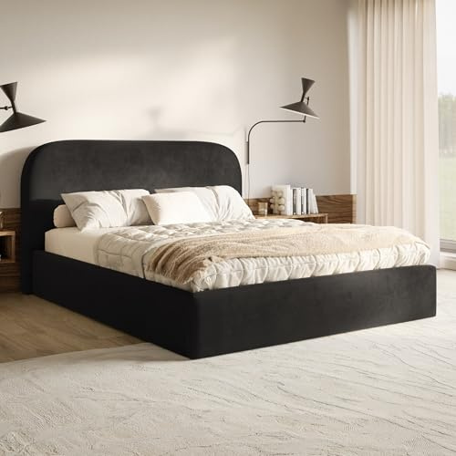 MOTIVENA Mono Bett 200x200 Schwarz Samt, mit Stauraum, mit Kopfteil, mit Lattenrost, ohne Füße, ohne Matratze, Polsterbett 200x200 mit Bettkasten Schwarz