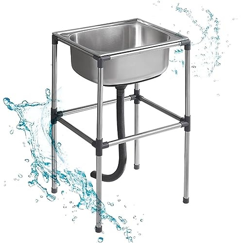 Lavello mobile in acciaio inox, ciotola singola commerciale, autoportante, lavello da cucina portatile per esterni, senza rubinetto, per bar, ristoranti, lavanderia, hotel e casa (37 x 31 x 80 cm)