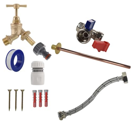MYPURECORE Complete Outdoor Tap Kit – Brass Garden Bib Tap with Wall Plate, Isolating Tee, PTFE & Fixings – DIY Outside Tap Installation Kit for Hose, Jet Wash, Garden Water Access