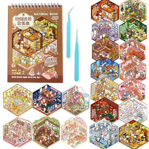 Mocrop 20 set 3D-klistermärken scene book, barn gör-det-själv hus klistermärken-set, olika scenarier som kaféer, spelhallar, partysalar, djuraffärer, med 2 pincetter, klistermärkesterapi, presenter