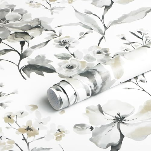 Fiula Papel pintado autoadhesivo con diseño de flores, 41 cm x 10 m, papel pintado para muebles, color gris y blanco, resistente al agua, papel pintado adhesivo de vinilo, para salón, dormitorio