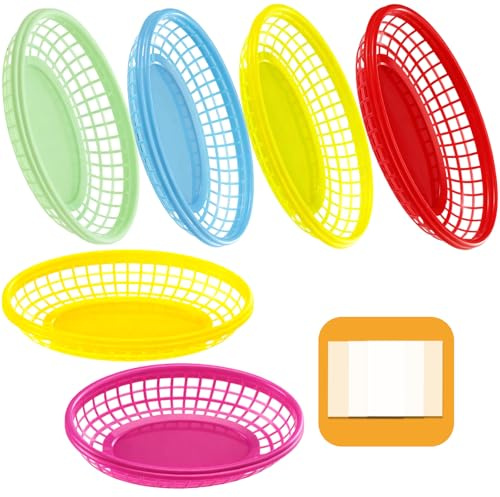 12 Pack Reusable Colourful Food Baskets for Fast Food Restaurant Supplies, Deli Serving, Chicken, Sweets, Crisps, Snacks | Movie Nights, Birthday Party Picnics, BBQ,Summer Garden Festival