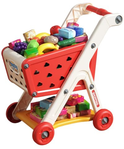 Carrido de carritos Compras para niños - Juguete Juego supermercados Mini, Kit Accesorios Comida simulada, Canasta Empuje fácil y sólida con Mango | Carry comestibles Educativo