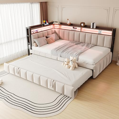 RIAZOS Polsterbett Schlafsofa 90x200 cm mit Ausziehbett, Einzelbett mit LED Leuchten, USB und Ablagefächern, Bettgestell mit Lattenrost, Jugendbett Daybett, Samt, Beige, ohne Matratze
