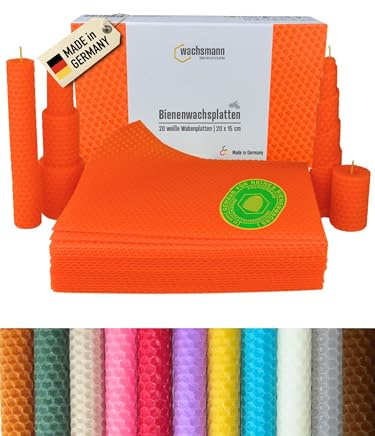 Wachsmann 20 placas de cera de abejas de Alemania, color naranja, 20 x 15 cm, cera de abejas para hacer velas