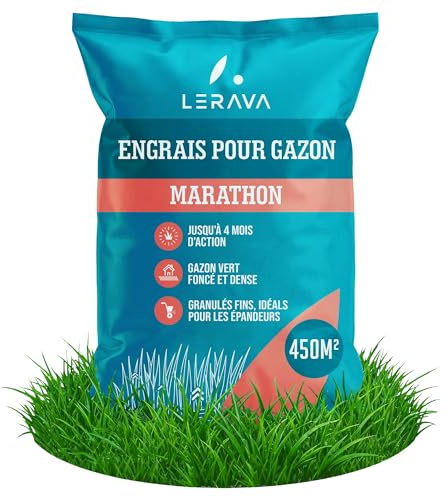 LERAVA® Concime per Prato Marathon (450 m²) - Fertilizzante a Lenta Cessione fino a 4 Mesi - Concime Prato Estate con Potassio, Magnesio e Microelementi - Nutrimento Costante per Prati e Aree Verdi