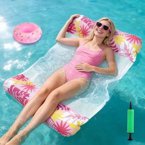 HOWAB Pool Hammock Floats for Adults: Swimming Lilo Pool Inflatables, 4 in 1 Pool Floats, Relaxing Water Hammock with Drink Holder Air Pump, Inflatable Lilo for Summer Beach Water Party (Pink)