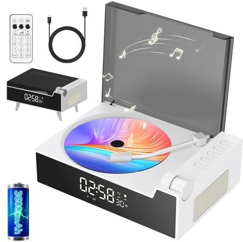 Portable CD Player for Home with Hi-Fi Speaker, Bluetooth Transmitter and Receiver, Timer, LED Display, FM Radio, Built-in Dual Speakers, USB/AUX Support, Headphone Jack (White)