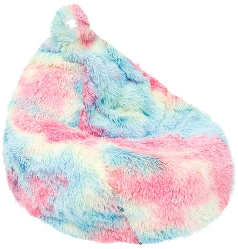 Fluffy Bean Bag Cover (Cover Only, No Filler), Extra Large Plush Tie Dye Beanbag Chair Slipcover, Stuffed Animal Storage Bag Organiser with Handle & Non-Slip Base for Kids Bedroom & Playroom, 90x110cm
