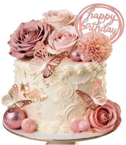 Floruvia Blüten Kuchen Topper Set, Decoraciones de cumpleaños en Oro Rosa con Flores Artificiales, Mariposas y Bolas para Bodas, Baby Showers