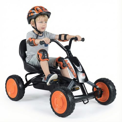 FANTASK Niños Gokart con Pedal, Asiento Ajustable, Marcha adelante y atrás, soporta hasta 30 kg, Coche de Pedal Exterior para niños y niñas a Partir de 3 años (Negro)