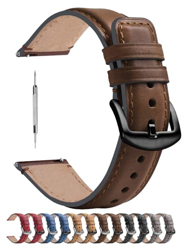 Fullmosa 22mm Bracelet en Cuir Véritable pour Montre Connectée | Bracelet de Remplacement Universel pour Homme et Femme, Brun Foncé+Boucle Gris Fumée