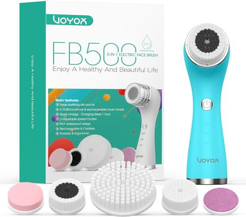 VOYOR 5 En 1 Recargable Cepillo Limpiador Facial Electrico Limpieza Minimizador de Poros Removedor de Piel Muerta de Maquillaje Corporal FB500 (Azul)