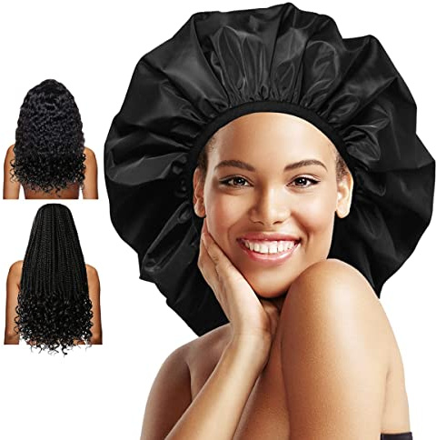 Auban Extra Large Braid Shower Cap, Waterproof Reusable Satin Lining Bonnet Sleeping Cap, for Women Thick, Long Hair, Curls, Braids (Black)