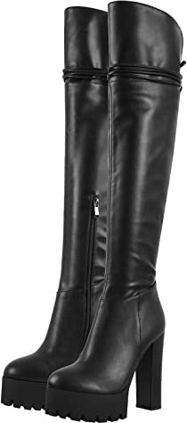 Only maker Damen Overknee Stiefel Schnürstiefel Plateau Boots Blockabsatz Runde Zehen Reißverschluss Lederoptik Schwarz 37 EU